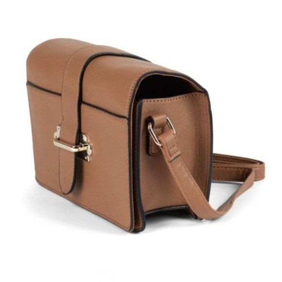 Tan Brown Vegan Leather Crossbody Satchel with Clasp - Picture 2 of 3